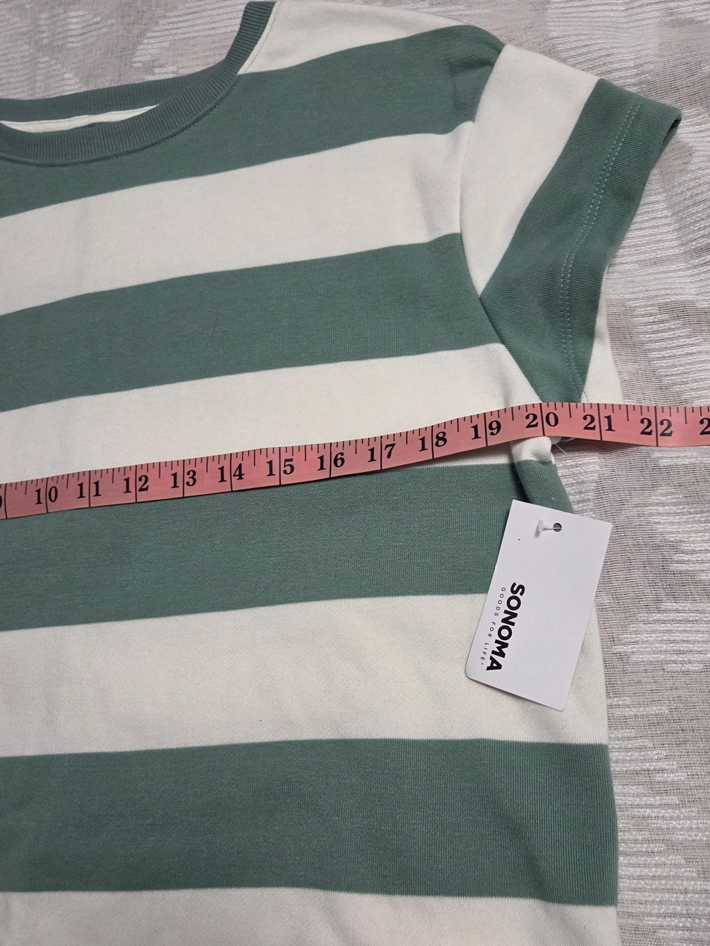 NWT Sonoma Women's M Green & White Striped Crop Sweater Crew Neck Short Sleeve T - Picture 6 of 10